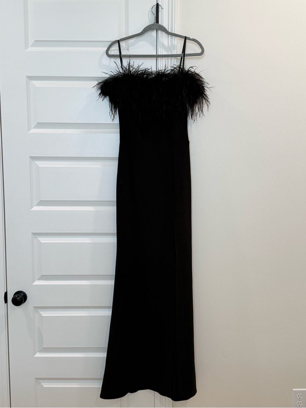 B Darlin Black Feather Off-Shoulder Maxi Dress